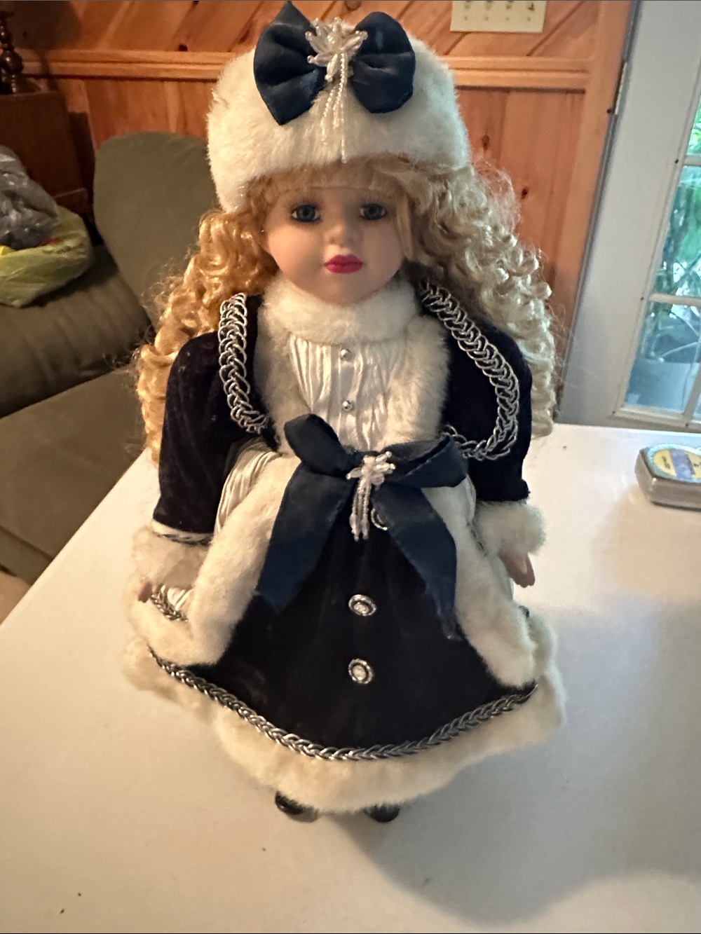 Vintage/ Angelina Collection Navy Velvet Holiday Doll with Cream Faux Fur Trim